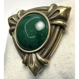 VTG MONET 1.75" Goldtone Green Cabochon Triangle BROOCH Pin Jewelry Signed EUC